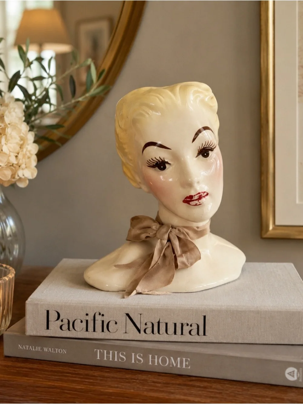 VTG MCM Deco Signed HORTON CERAMICS Head Vase Blonde Glamour Girl Original Scarf
